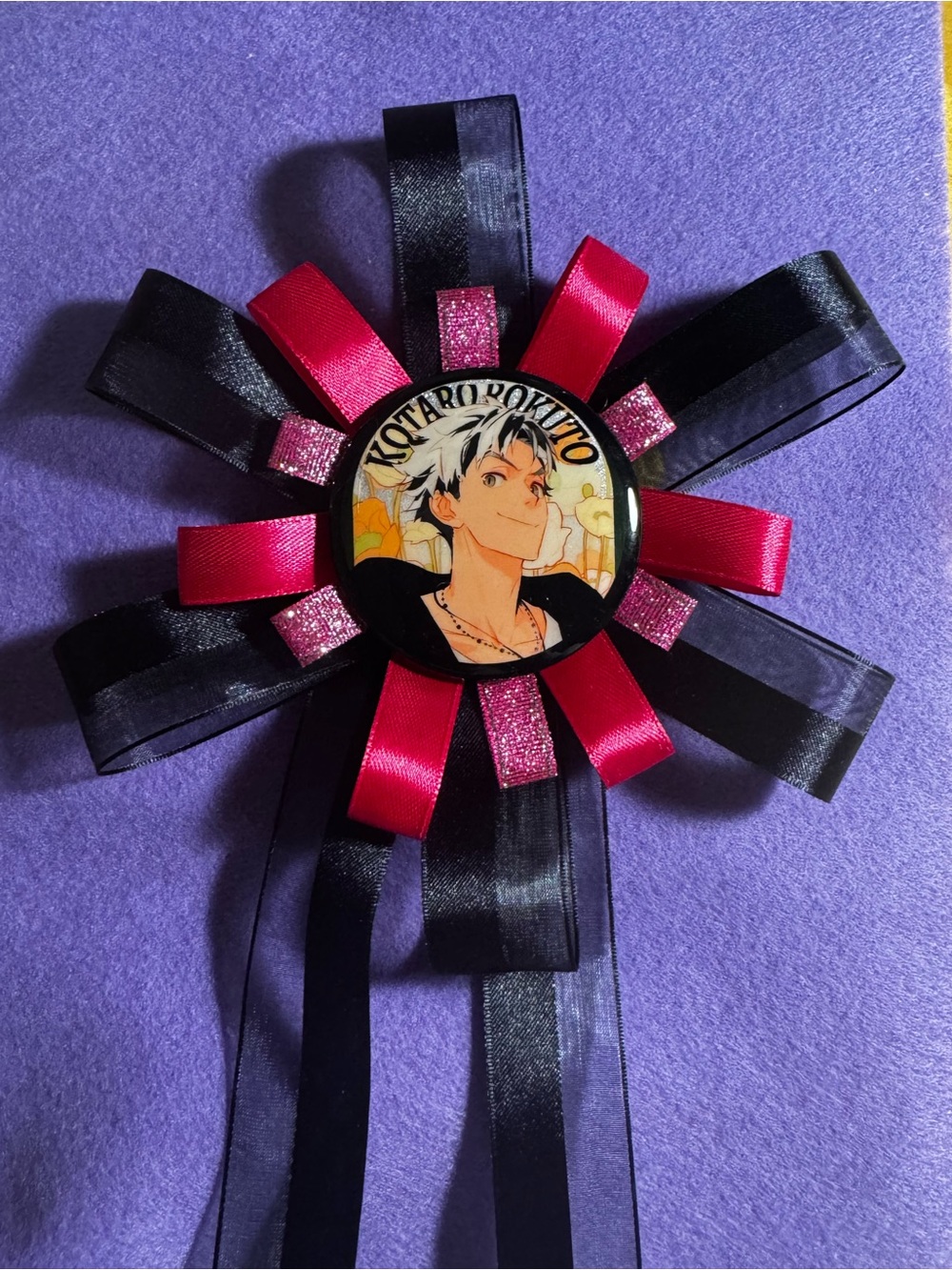 Anime (Haikyuu Bokuto) Ribbon Rosette Brooch in Black and Hot Pink